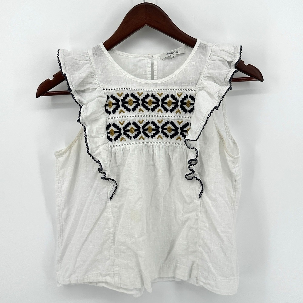 Madewell Women's M Ruffle Sleeve Embroidered Blouse White Sleeveless Top AO002